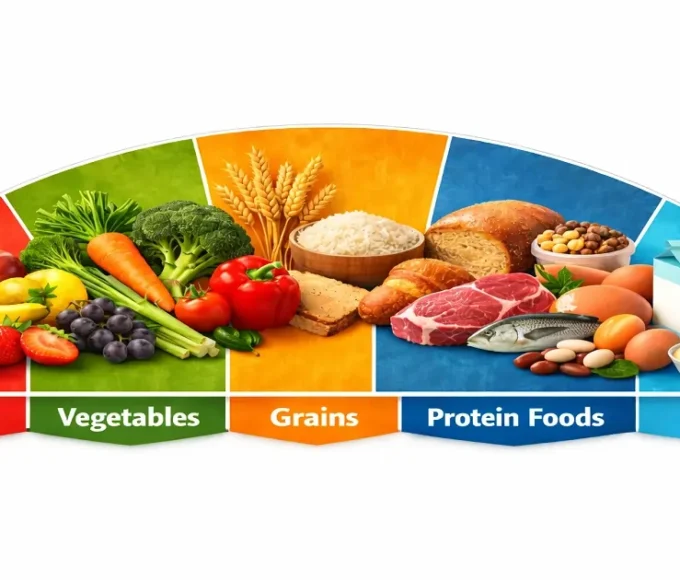 Food groups chart showing fruits vegetables grains protein foods and dairy categories