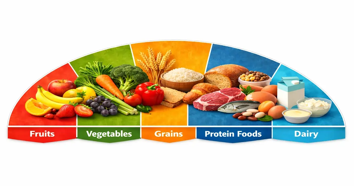 Food groups chart showing fruits vegetables grains protein foods and dairy categories