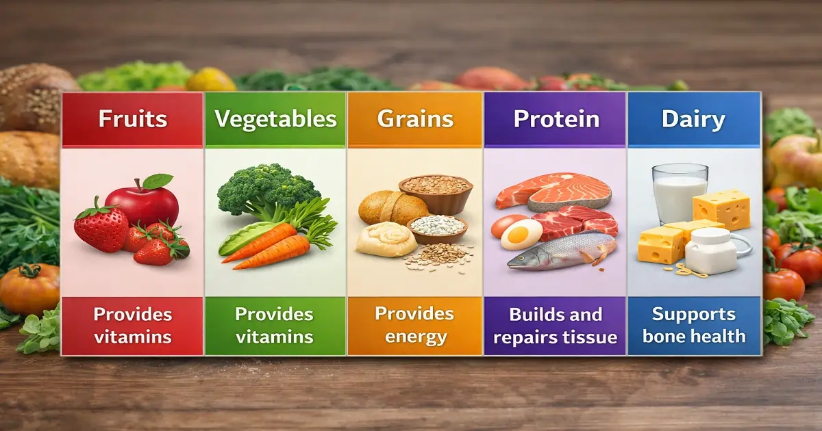 Food groups chart showing fruits vegetables grains protein and dairy with their basic roles