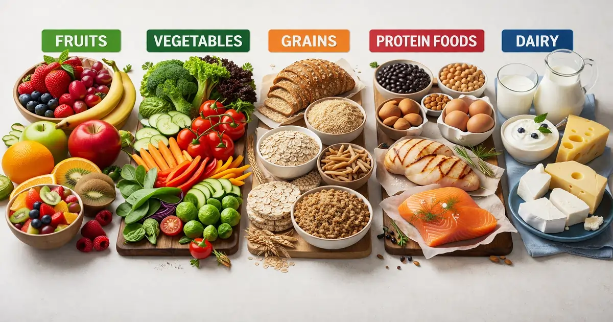 Examples of food groups showing fruits vegetables grains protein foods and dairy items