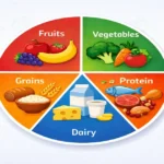 Food groups in nutrition diagram showing fruits vegetables grains protein and dairy categories
