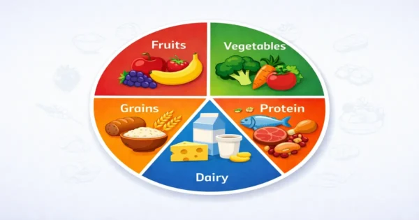 Food groups in nutrition diagram showing fruits vegetables grains protein and dairy categories