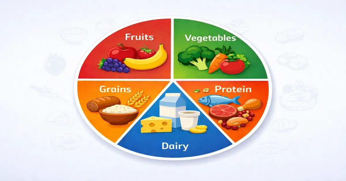 Food groups in nutrition diagram showing fruits vegetables grains protein and dairy categories