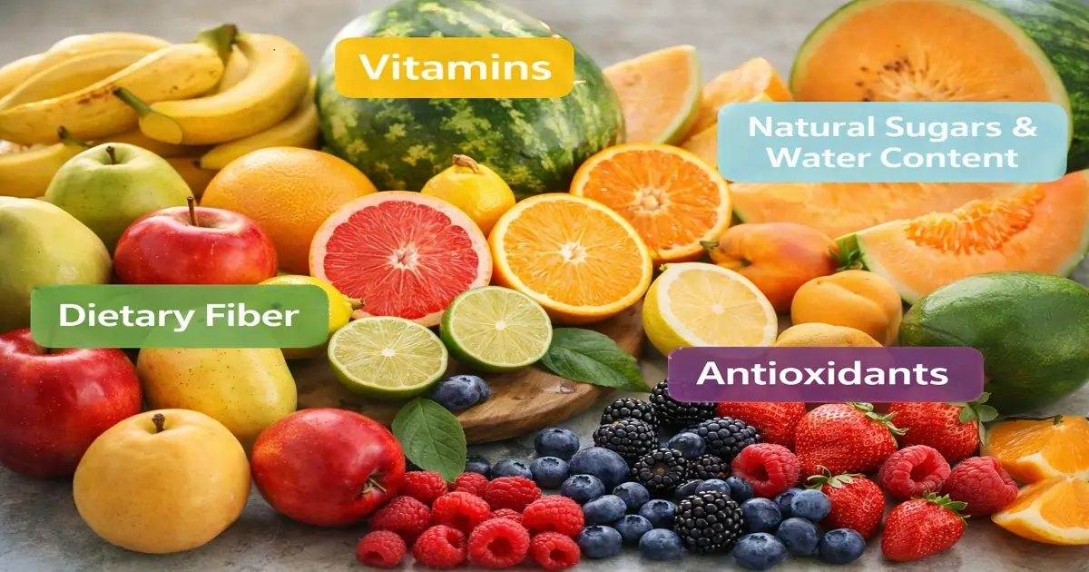 Fresh fruits showing vitamins fiber antioxidants and natural water content in balanced nutrition
