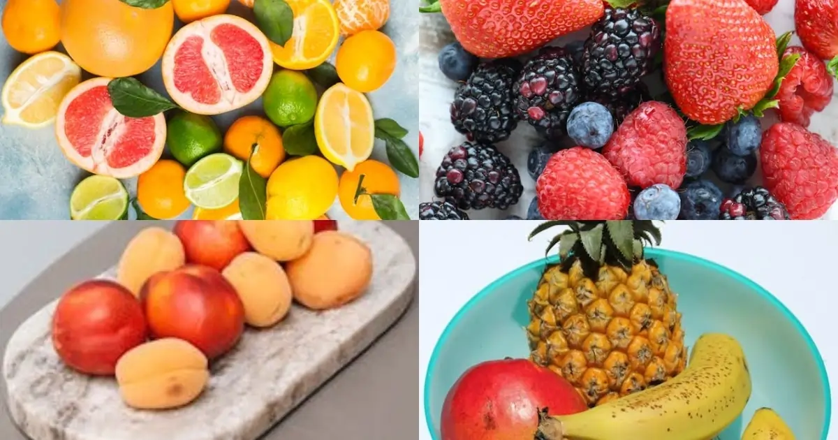 Different fruits including citrus, berries, tropical and stone varieties grouped by classification