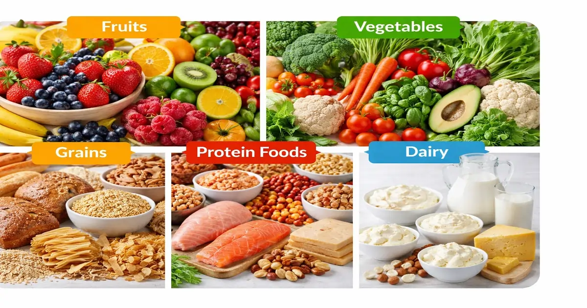 Food groups grid showing fruits vegetables grains protein foods and dairy with examples