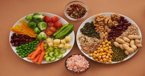 Balanced plate with vegetables, legumes, grains, nuts, and seeds that help improve food quality and diet diversity.