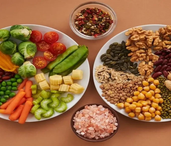 Balanced plate with vegetables, legumes, grains, nuts, and seeds that help improve food quality and diet diversity.