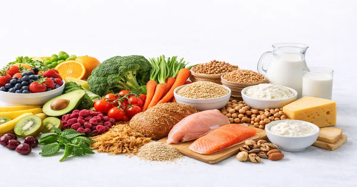 Mixed foods from fruits vegetables grains protein foods and dairy showing nutrient contribution