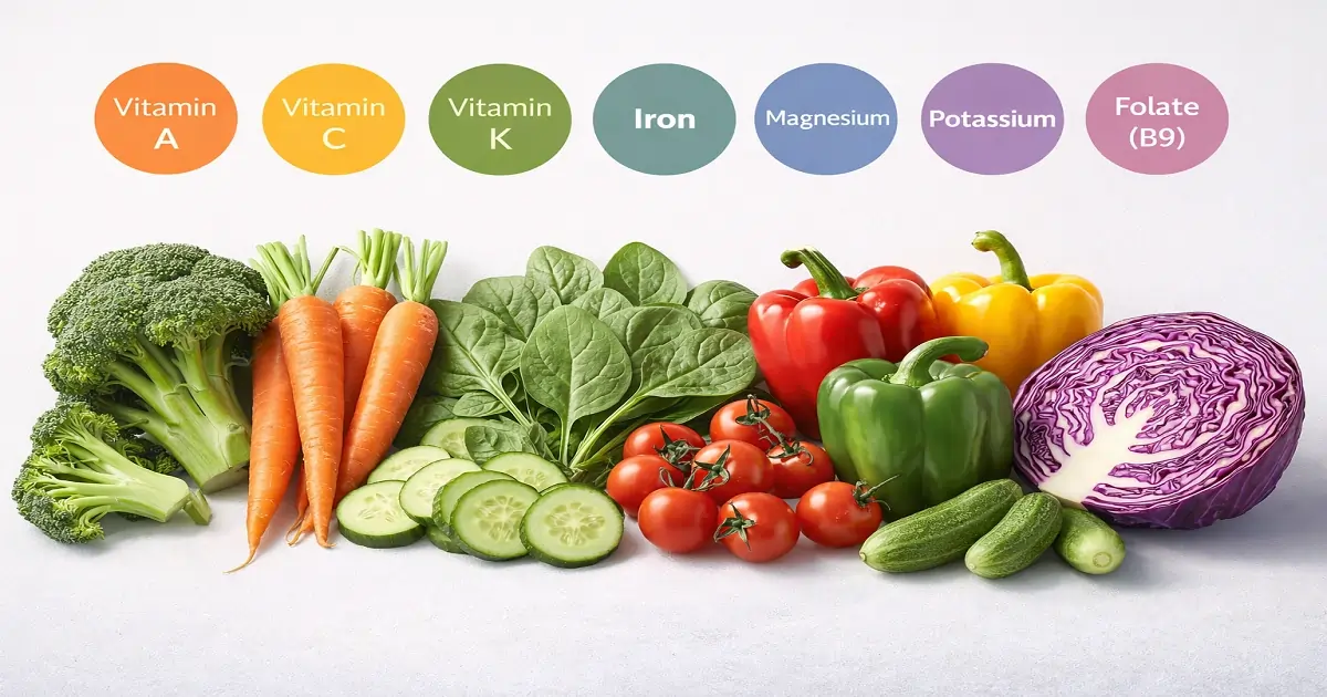 Assorted vegetables with nutrient labels like vitamin A, C, K, iron, magnesium, and folate