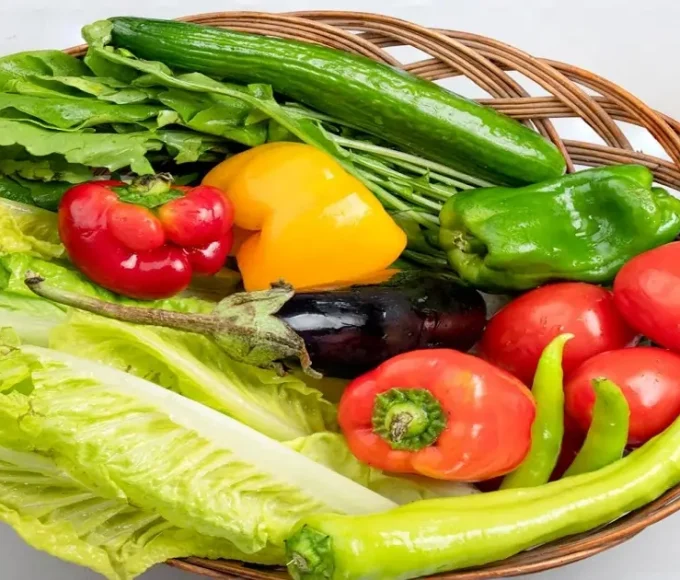 Assorted fresh vegetables including lettuce, bell peppers, cucumber, tomato, and eggplant in a basket