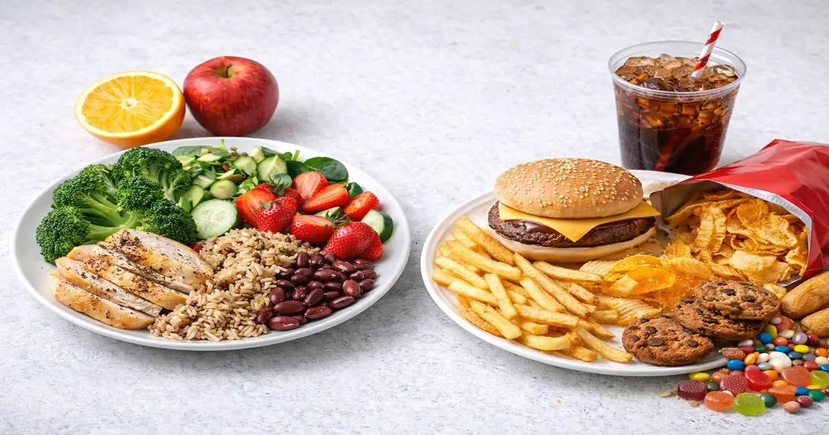 Balanced whole food plate with vegetables and grains beside fast food meal with burger, fries, soda