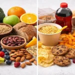 whole-foods-vs-processed-foods-comparison-fresh-produce-and-packaged-snacks