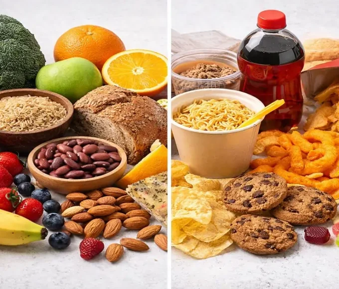 whole-foods-vs-processed-foods-comparison-fresh-produce-and-packaged-snacks