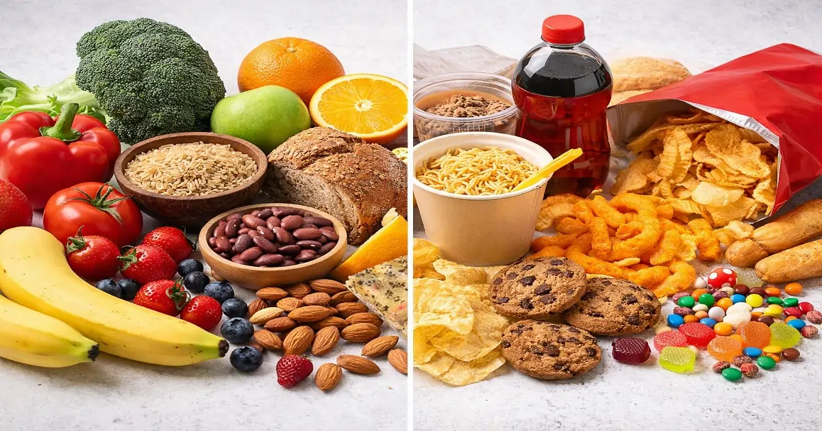 whole-foods-vs-processed-foods-comparison-fresh-produce-and-packaged-snacks