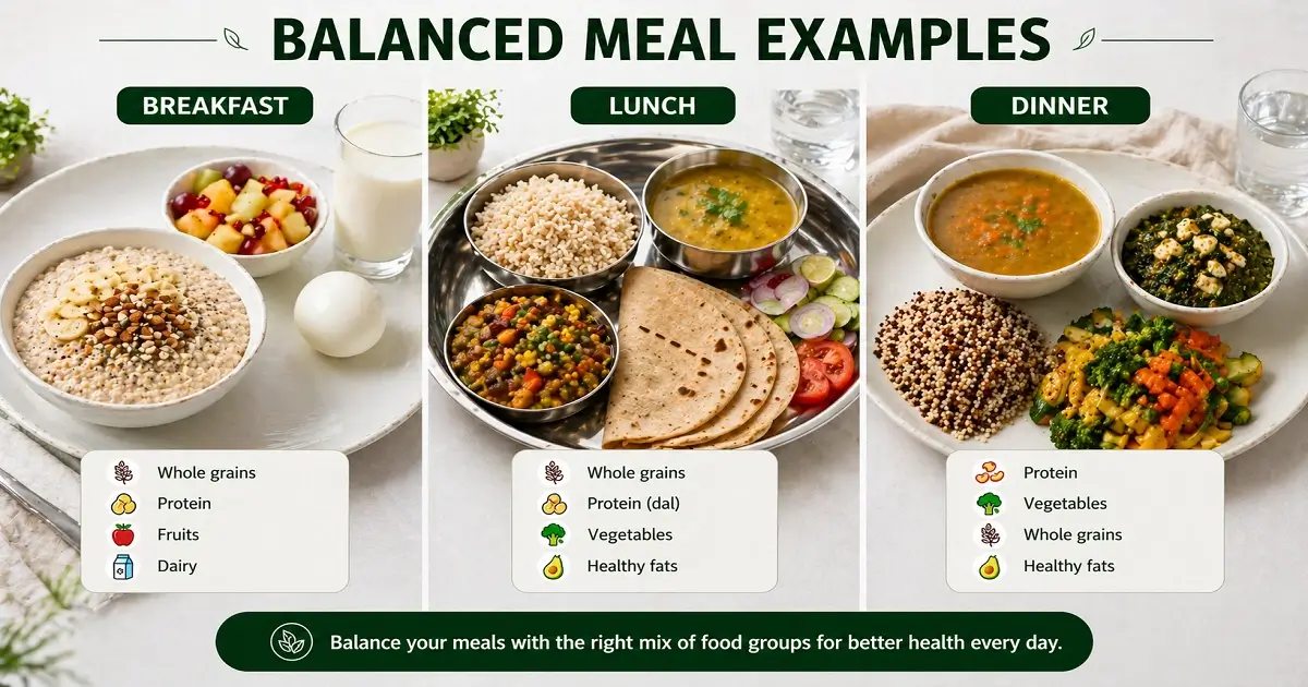 Balanced meal examples showing breakfast, lunch, and dinner with different food groups