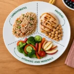 Balanced meal plate with grains, protein, fruits and vegetables in proper portions