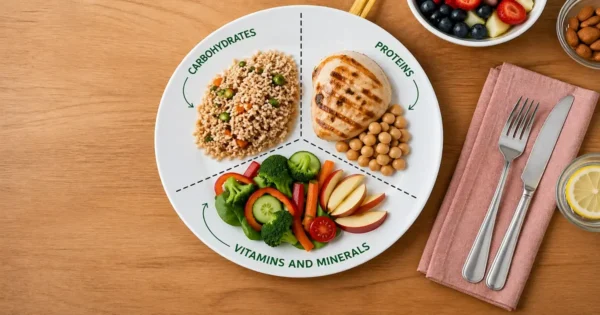 Balanced meal plate with grains, protein, fruits and vegetables in proper portions