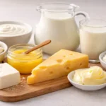 Assorted dairy foods like milk, cheese, yogurt, paneer, butter, and ghee in natural light