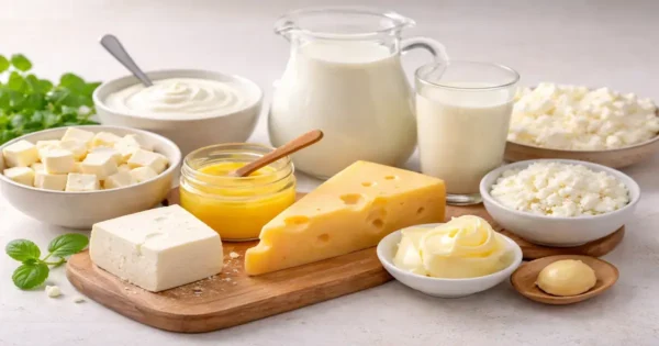 Assorted dairy foods like milk, cheese, yogurt, paneer, butter, and ghee in natural light