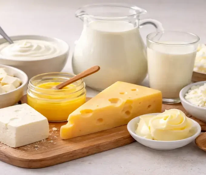 Assorted dairy foods like milk, cheese, yogurt, paneer, butter, and ghee in natural light