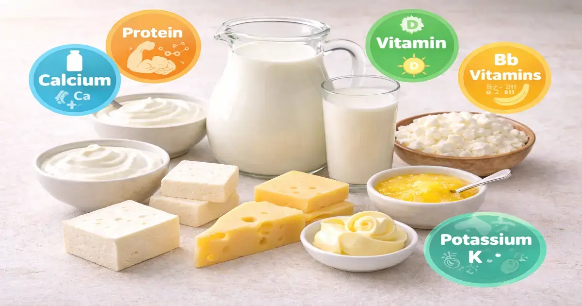 Image showing dairy foods like milk, paneer, cheese, yogurt, butter, and ghee with key nutrients
