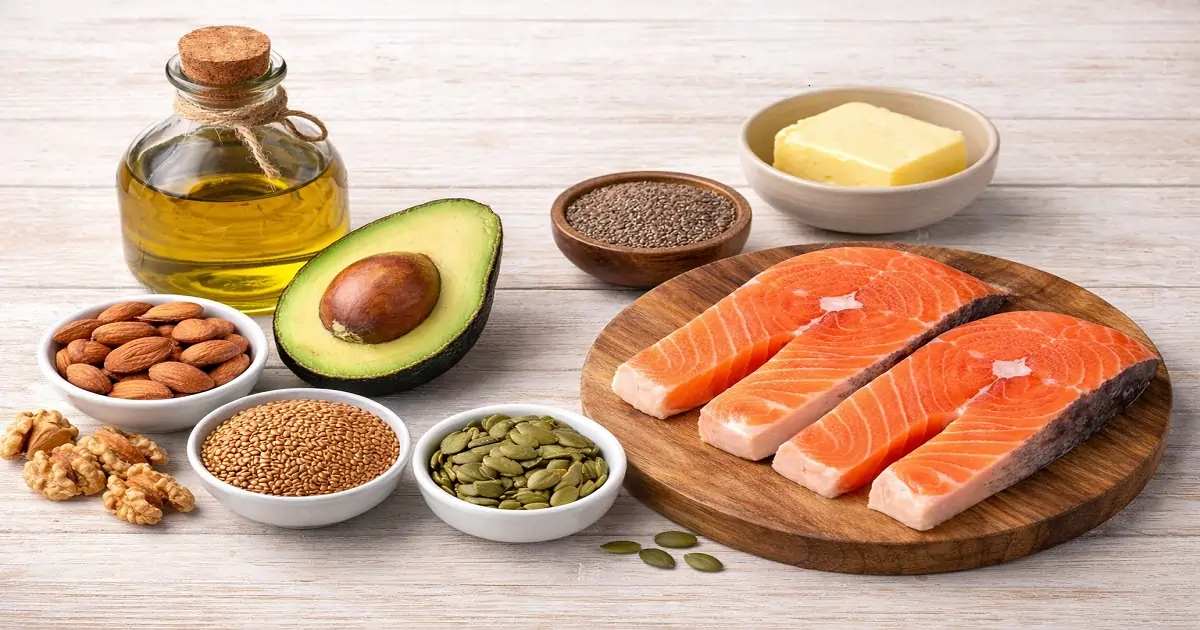 Examples of fats and oils in foods with avocado, nuts, seeds, fish, oil and butter