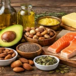 Fats and oils in nutrition showing olive oil, nuts, seeds, avocado, fish and dairy foods