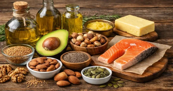 Fats and oils in nutrition showing olive oil, nuts, seeds, avocado, fish and dairy foods