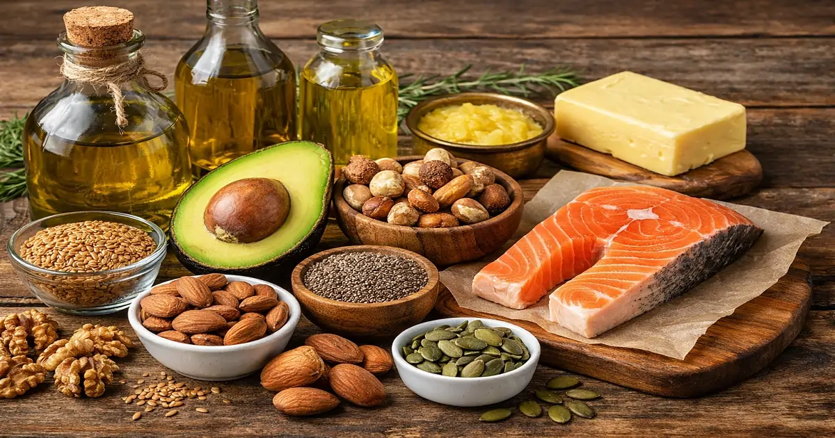 Fats and oils in nutrition showing olive oil, nuts, seeds, avocado, fish and dairy foods