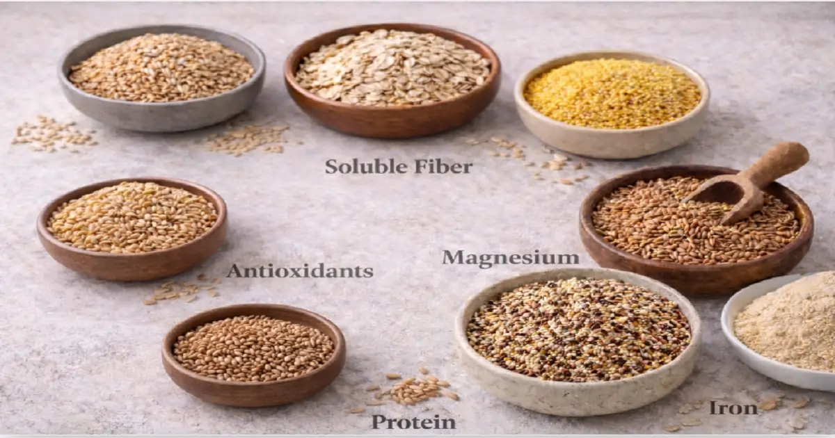 Whole grains in bowls showing nutrients like soluble fiber, protein, magnesium, and iron