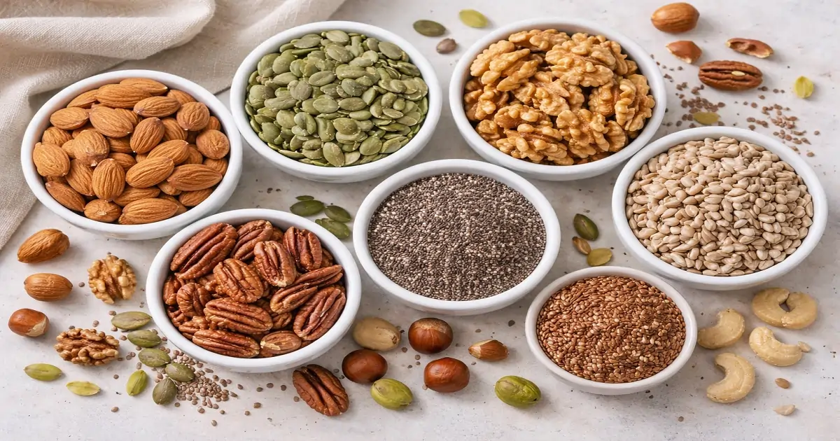 Healthy nuts and seeds including almonds, walnuts, chia and flax seeds in bowls