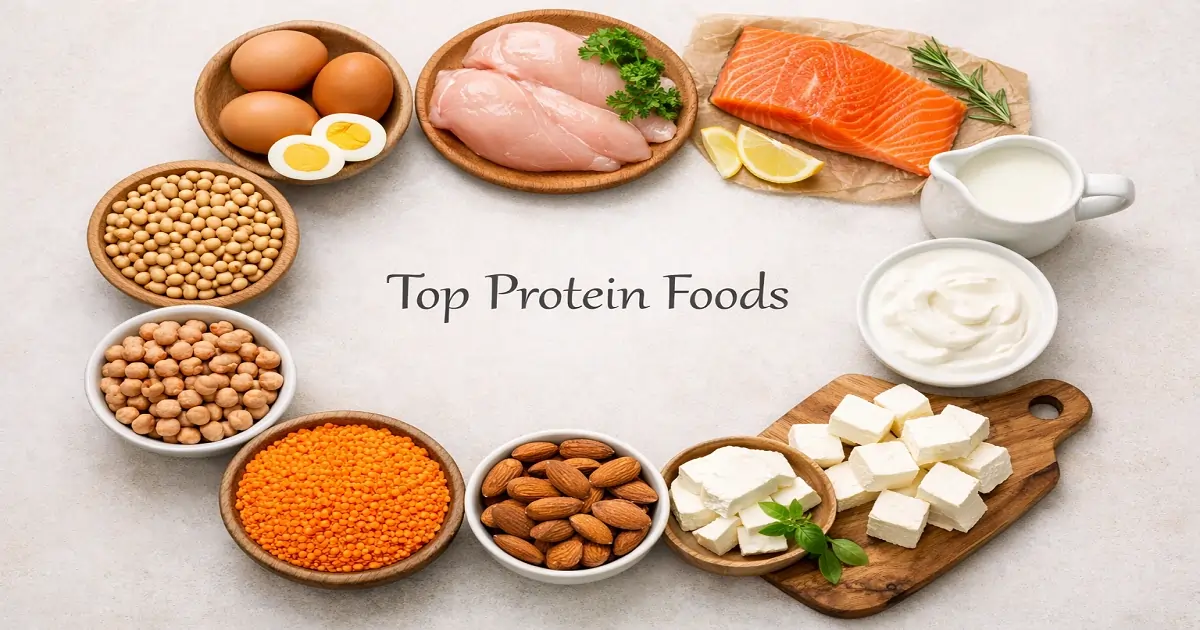 High protein foods including eggs, chicken, fish, lentils, yogurt, paneer and almonds