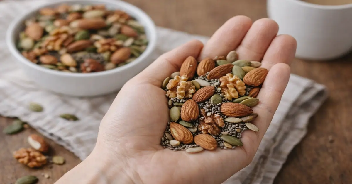 Mixed nuts and seeds in hand showing a natural and balanced snack option
