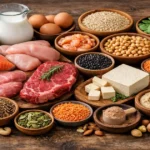 Variety of protein foods including eggs, fish, lentils, nuts, dairy and beans