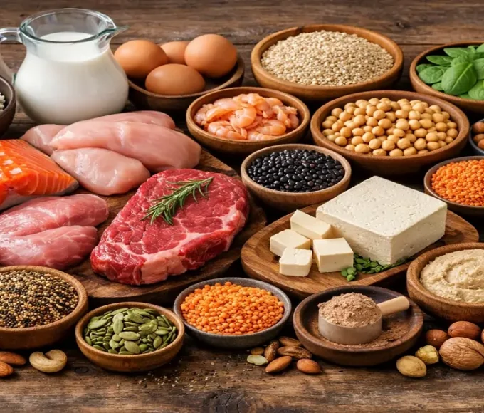 Variety of protein foods including eggs, fish, lentils, nuts, dairy and beans