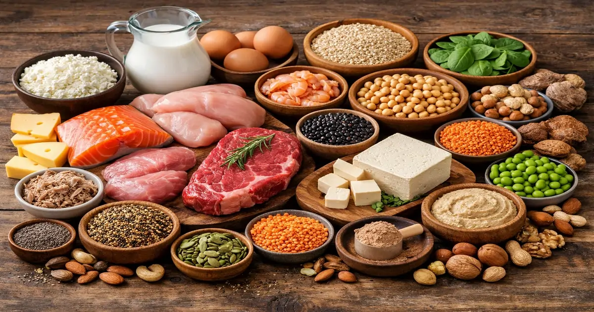 Variety of protein foods including eggs, fish, lentils, nuts, dairy and beans
