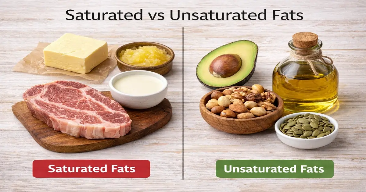 Saturated vs unsaturated fats showing butter, meat, oils, nuts and avocado comparison