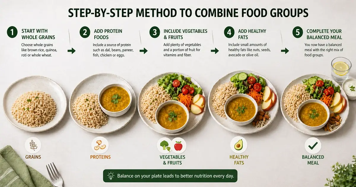 Step by step balanced meal showing grains protein vegetables fruits and healthy fats