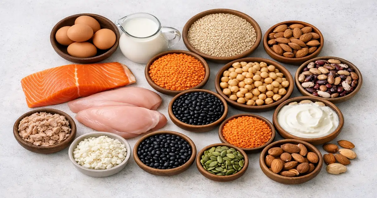 Plant and animal protein foods including eggs, fish, lentils, beans, nuts and dairy