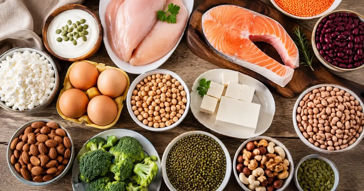 Animal and plant protein foods including eggs, fish, tofu, beans, nuts, and dairy