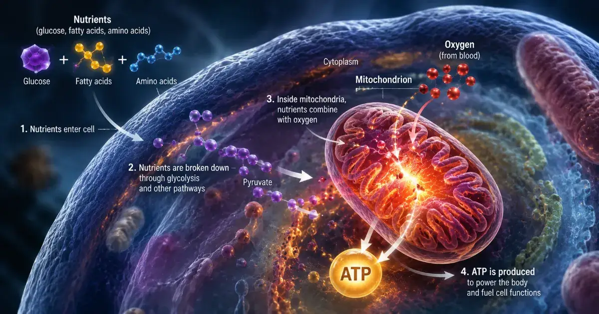 Mitochondria convert nutrients and oxygen into ATP energy inside human body cells