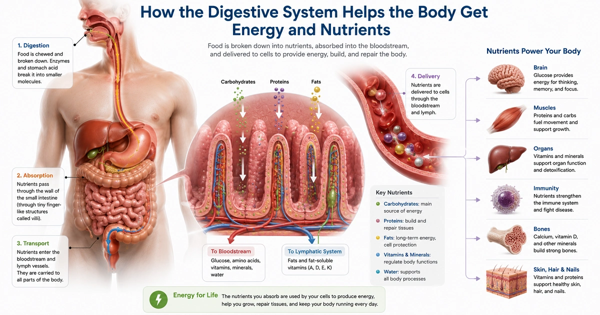 Digestive system showing nutrient absorption and how food supports body energy and function