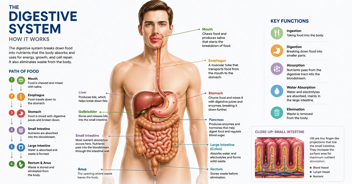 Human digestive system showing organs, food pathway, nutrient absorption, and digestion stages