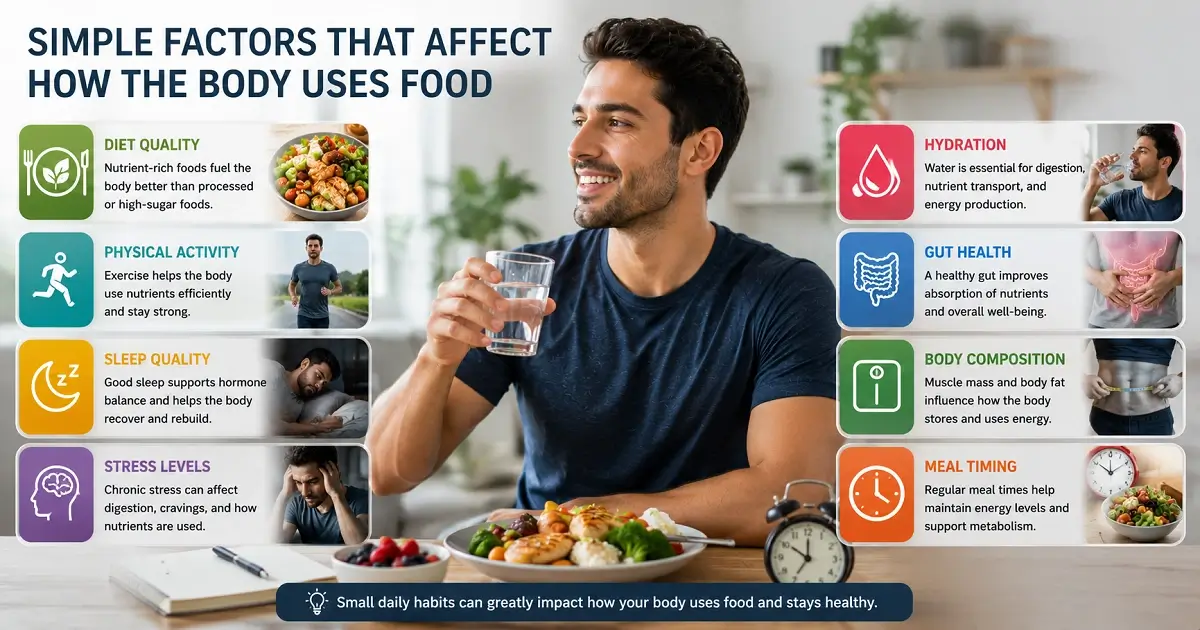 Infographic showing food quality, hydration, activity, and digestion factors