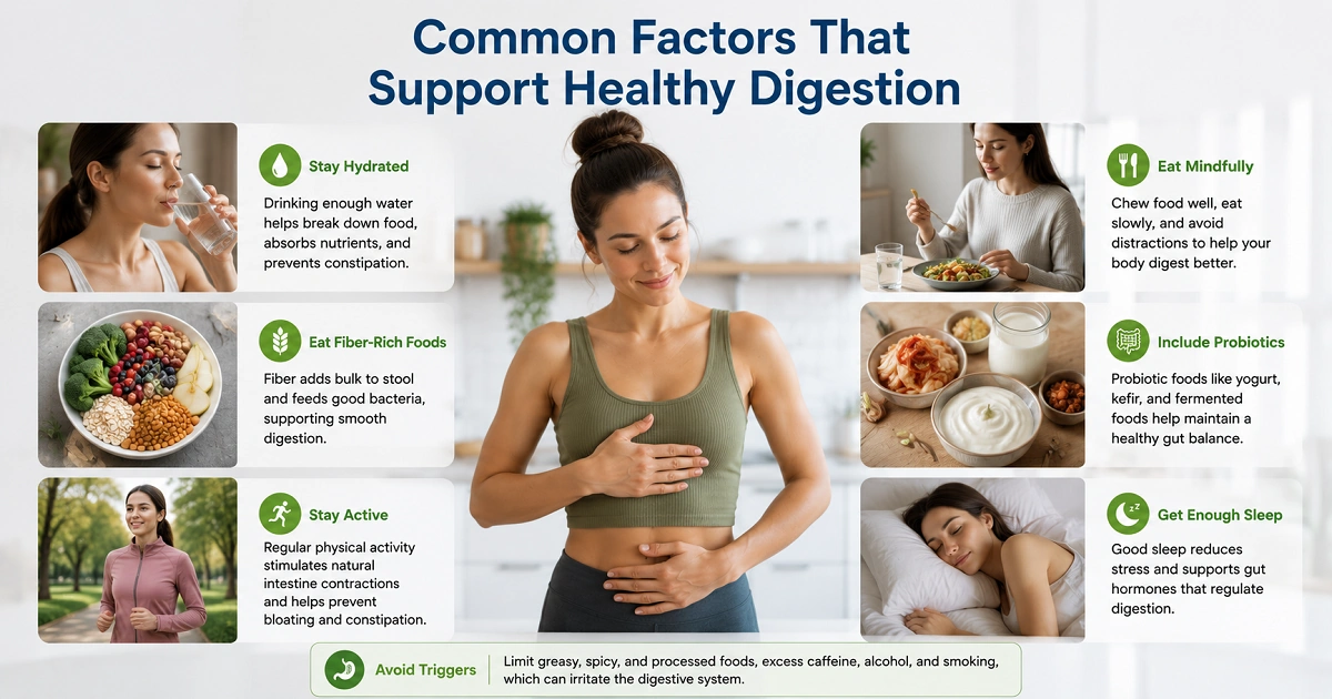 Healthy habits that support digestion, including hydration, fiber-rich foods, and activity