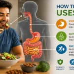 Man eating healthy meal with diagram showing digestion, nutrient absorption, and energy use