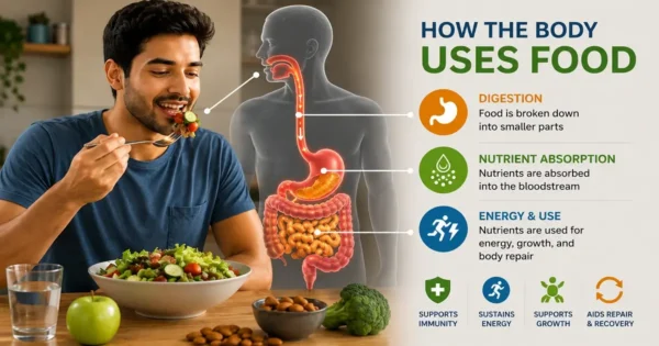 Man eating healthy meal with diagram showing digestion, nutrient absorption, and energy use