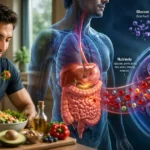 Healthy man eating food while digestion and ATP energy production inside body cells are illustrated