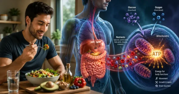 Healthy man eating food while digestion and ATP energy production inside body cells are illustrated